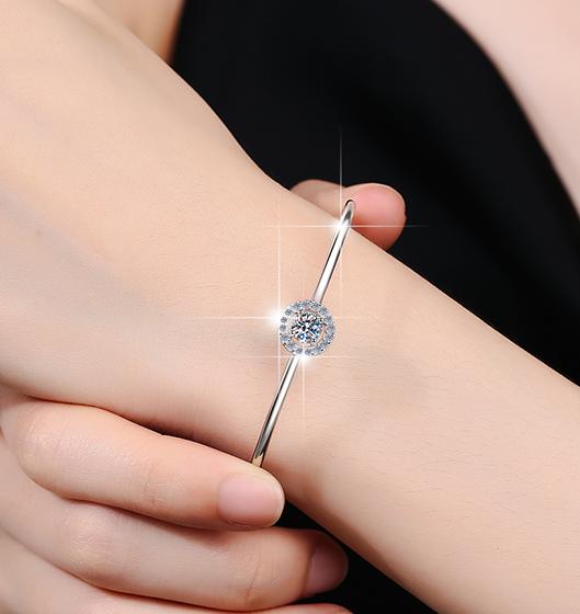 Sterling Silver Moissanite Round Solitaire Open Bangle Bracelet, detail view 3