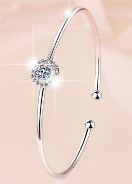 Sterling Silver Moissanite Round Solitaire Open Bangle Bracelet, detail view 1