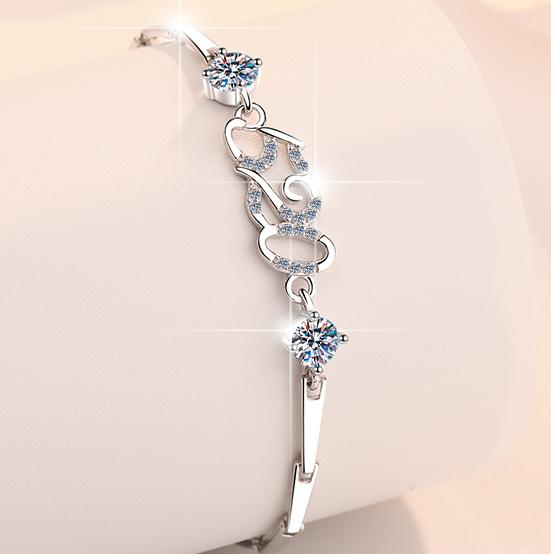 Sterling Silver Moissanite Number and Flower Link Bracelet, detail view 2