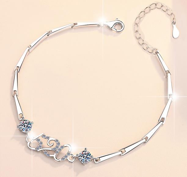 Sterling Silver Moissanite Number and Flower Link Bracelet, detail view 1