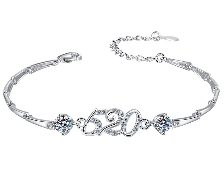Sterling Silver Moissanite Number and Flower Link Bracelet, front view