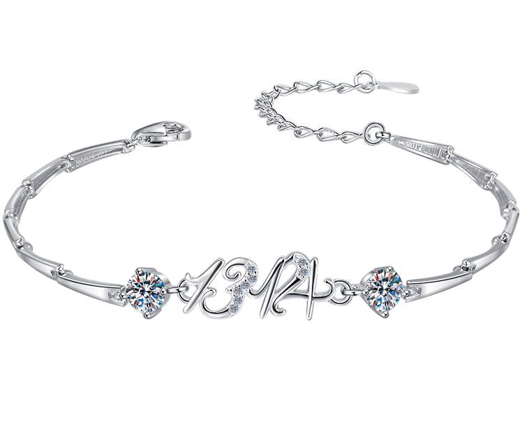 Sterling Silver Moissanite Number and Flower Station Bracelet, front view