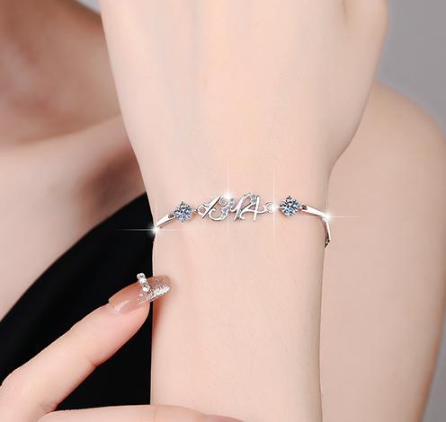 Sterling Silver Moissanite Number and Flower Station Bracelet, detail view 3