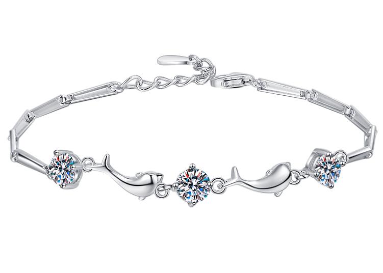 Sterling Silver Moissanite Three Flower Marquise Link Bracelet, front view
