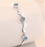 Sterling Silver Moissanite Three Flower Marquise Link Bracelet, detail view 2