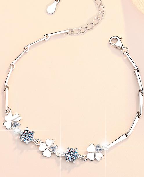 925 Sterling Silver Moissanite Twin Flower Marquise Link Bracelet