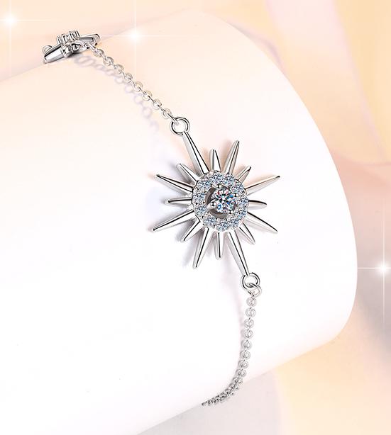 Sterling Silver Moissanite Sunburst Link Bracelet, detail view 2