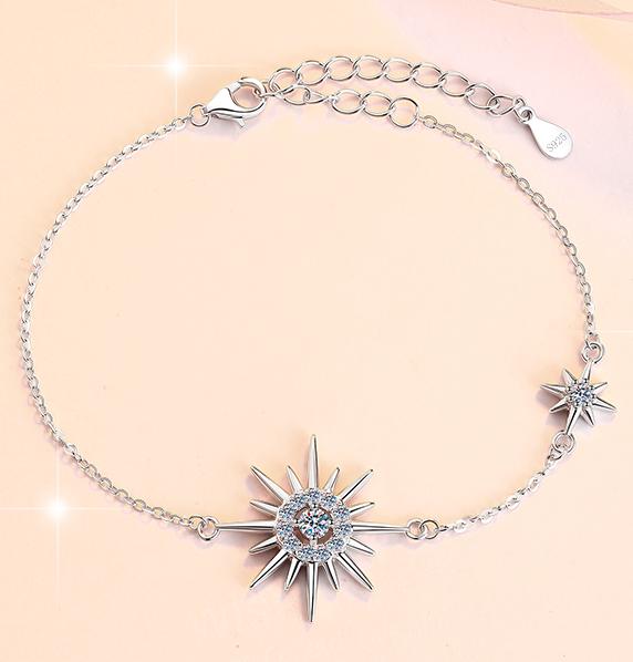 Sterling Silver Moissanite Sunburst Link Bracelet, detail view 1
