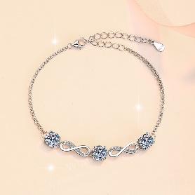 Sterling Silver Moissanite Oval Link Flower Station Bracelet, detail view 1